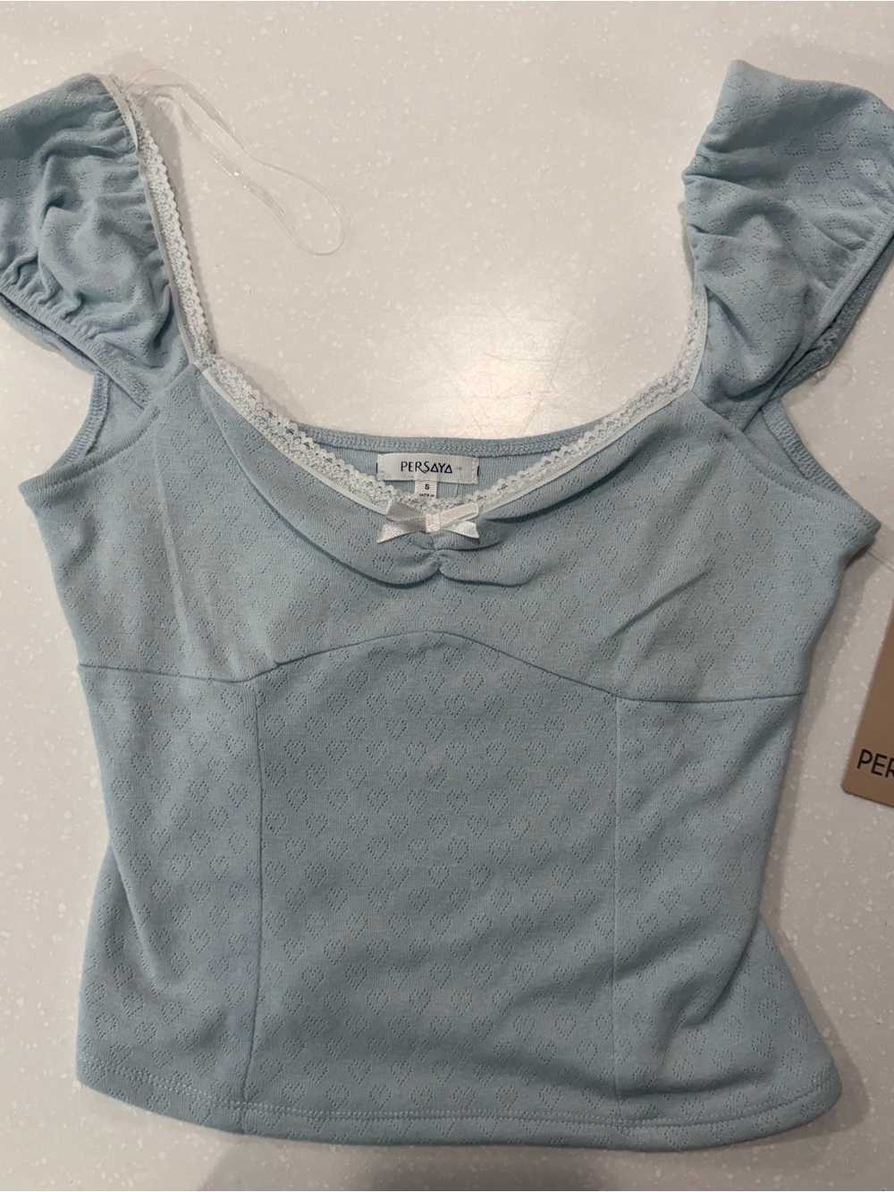 PERSAYA Powder Blue Lace-Trim Puff Sleeve Crop Top